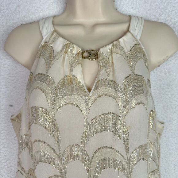 White House Black Market Silk Tank Top Sz L Gold Metallic Scallop Pattern Blouse - Picture 2 of 13